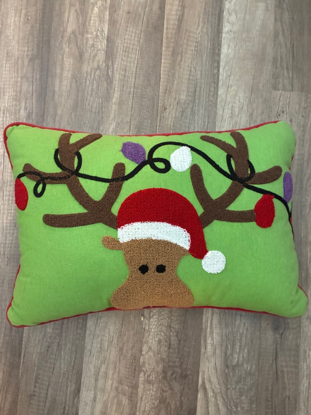 Green Reindeer Holiday Throw Pillow with Santa Hat
